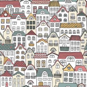 وکتور پترن شهر و خانه های نقاشی رنگی - وکتور الگو ساختمانهای شهر نقاشی کودک