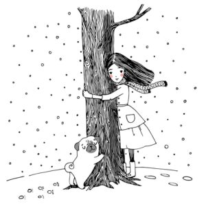 وکتور دختر کوچک و درخت و سگ پاگ - وکتور نقاشی درخت در آغوش دختر زمینه برف زمستان