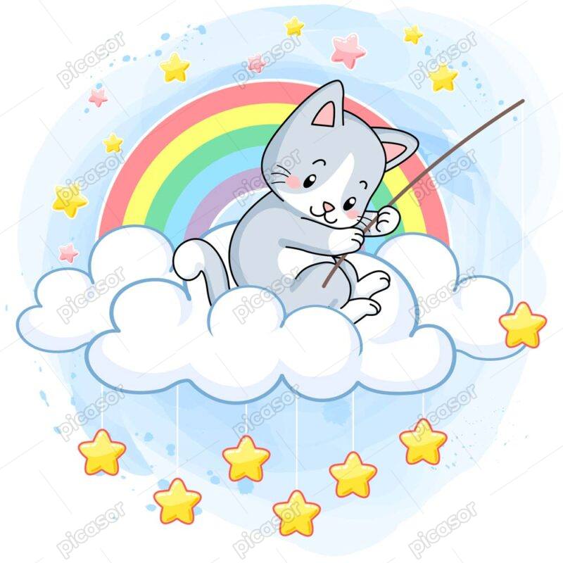 وکتور بچه گربه کارتونی روی ابر و ستاره و رنگین کمان