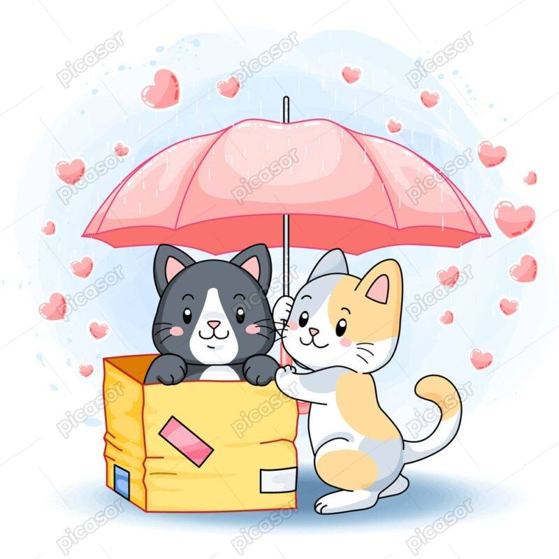 وکتور بچه گربه های کارتونی خندان زیر چتر در باران قلب