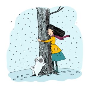 وکتور دختر کوچک و درخت و سگ پاگ - وکتور نقاشی رنگی درخت در آغوش دختر زمینه برف زمستان