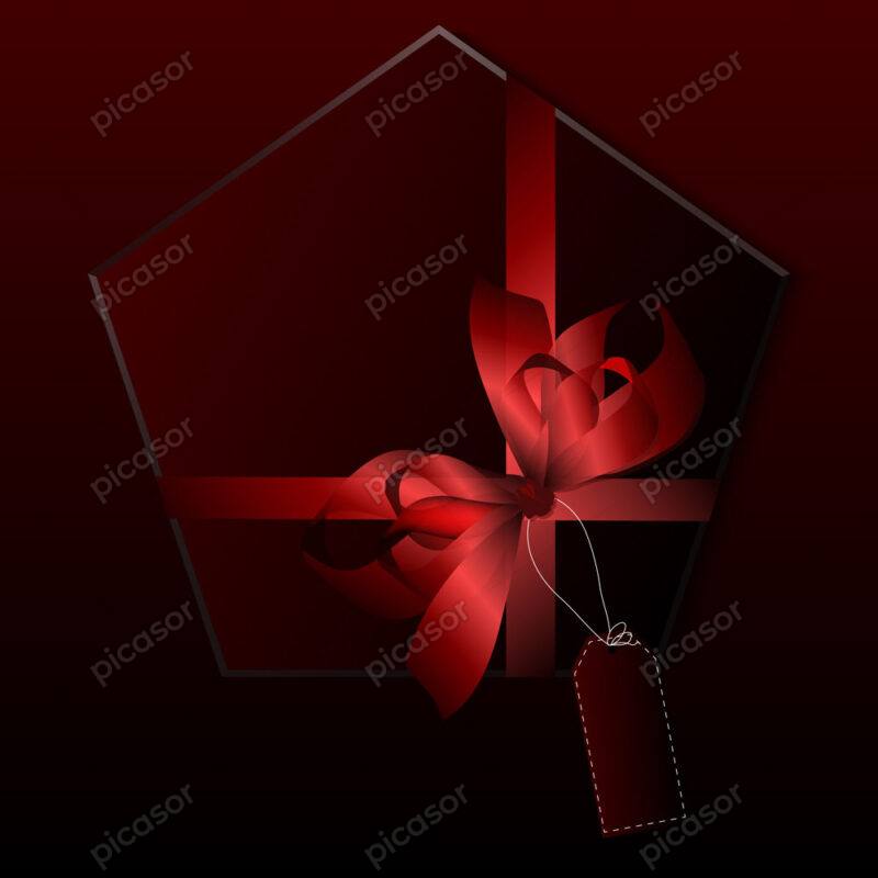 وکتور جعبه کادو هدیه پنج ضلعی لوکس پاپیون و ربان قرمز - وکتور جعبه هدیه شیک لاکشری