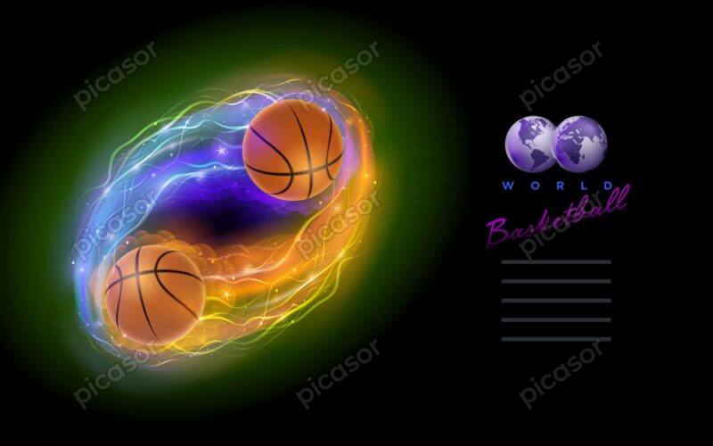 وکتور توپ بسکتبال با دنباله و حلقه آتش وکتور 2 توپ بسکتبال آتشین شعله نارنجی آبی روشن