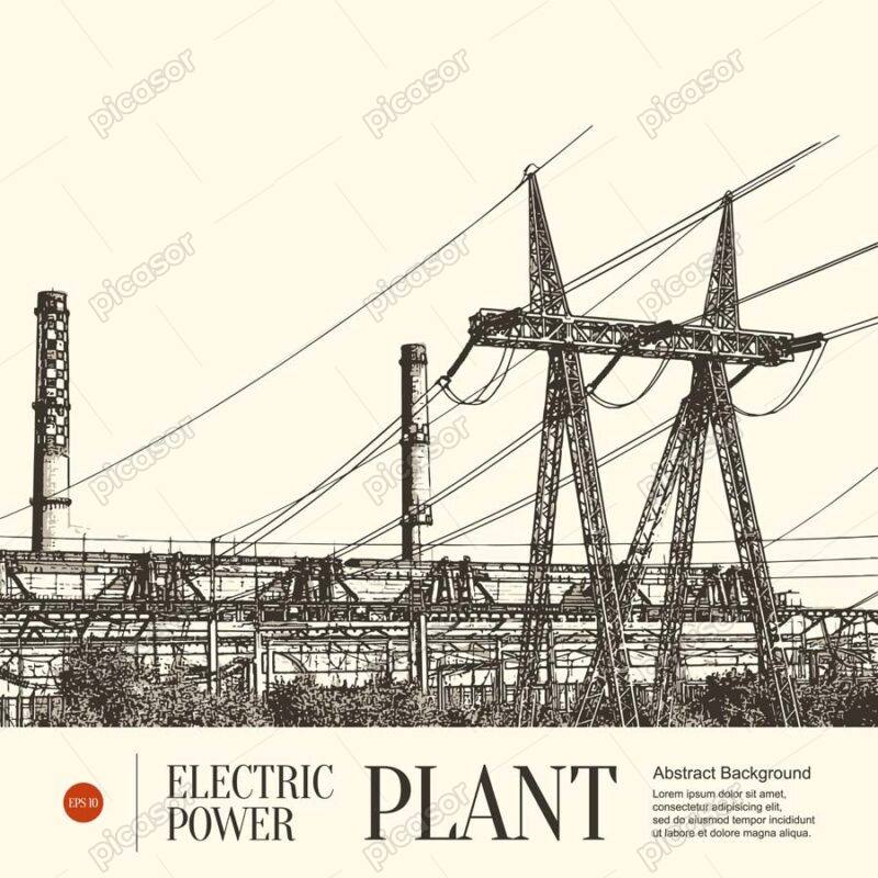 وکتور پس زمینه نیروگاه برق و دکل فشار قوی برق طرح اسکچ وکتور دکل برق وکتور شبکه توزیع برق
