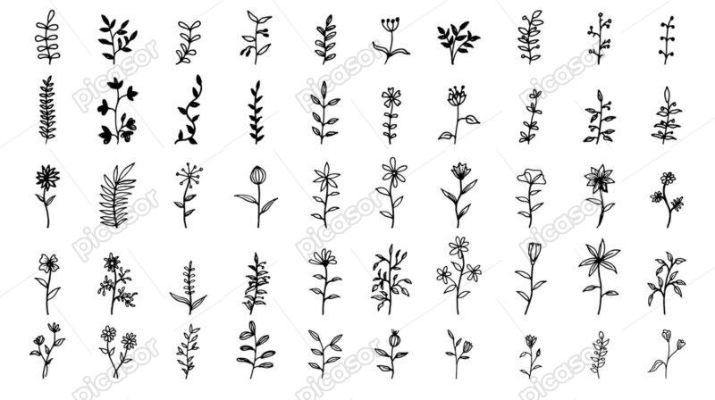 50 وکتور شاخه گل و گیاه مینیمال نقاشی خطی - وکتور نقاشی خطی گل و گیاه ظریف و ساده