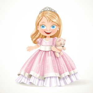 وکتور پرنسس کوچک با عروسک تدی بر و لباس صورتی و تاج - وکتور دختر کارتونی کوچولو وکتور پرنسس فانتزی کارتونی