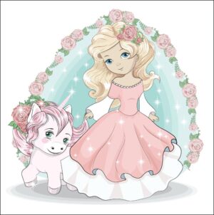 وکتور پرنسس و تکشاخ کارتونی با قاب گل - وکتور دختربچه با لباس صورتی کنار اسب تک شاخ