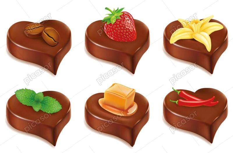 وکتور شکلات قلبی طعم دار قهوه توت فرنگی وکتور شکلات وانیلی - وکتور 6 قالب شکلات میوه ای شکل قلب