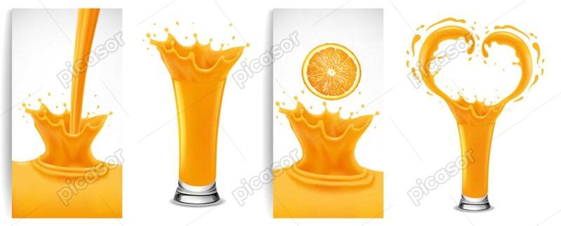 4 وکتور آب پرتقال و لیوان آب پرتقال وکتور پاشیدن آب پرتقال شکل قلب