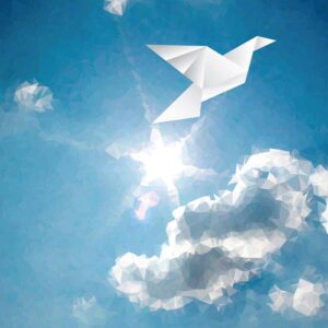 وکتور کبوتر کاغذی وکتور کبوتر سفید پرواز آسمان آبی طرح اریگامی - وکتور پس زمینه اریگامی پرنده کبوتر در آسمان آبی وکتور صلح و آشتی