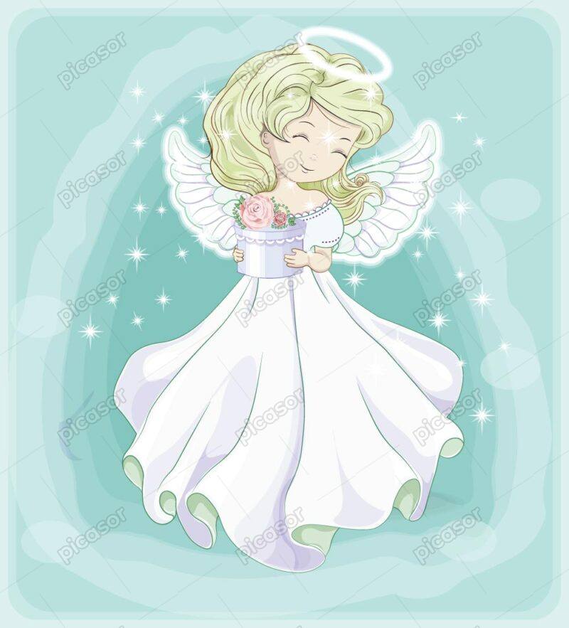 وکتور فرشته بالدار کارتونی با جعبه هدیه - وکتور دختربچه شاد با بالهای فرشته