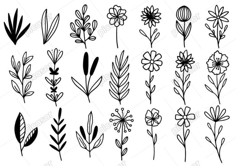 21 وکتور نقاشی شاخه گل و برگ مینیمال - مجموعه گل مینیمال خطی - وکتور گل و شاخه برگ مینیمال ساده