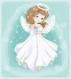 وکتور فرشته بالدار کارتونی با جعبه هدیه - وکتور دختربچه با بالهای فرشته