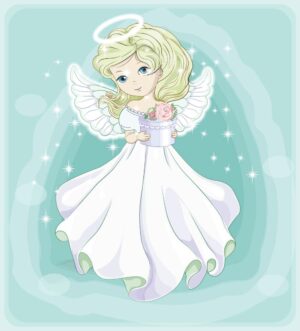 وکتور فرشته بالدار کارتونی با جعبه هدیه - وکتور دختربچه با بالهای فرشته