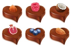وکتور شکلات قلبی طعم دار فندقی بادامی وکتور شکلات نارگیلی - وکتور 6 قالب شکلات آجیلی میوه ای شکل قلب