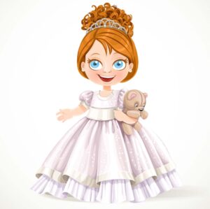 وکتور پرنسس کوچک با عروسک تدی بر و لباس سفید و تاج - وکتور دختر کارتونی کوچولو وکتور پرنسس فانتزی کارتونی
