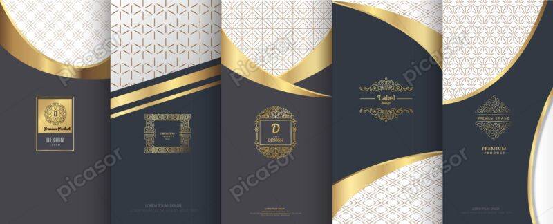5 وکتور طراحی جلد و بسته بندی لوکس با مونوگرام لوگو لیبل تزئینی و اسلیمی طلایی - وکتور زمینه با پترن لوکس