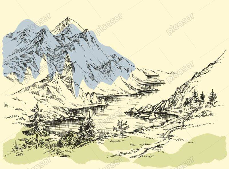 وکتور نقاشی کوهستان و دریاچه طرح اسکچ - وکتور اسکچ از کوهستان