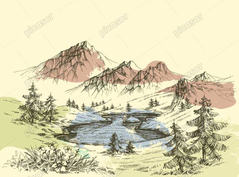 وکتور نقاشی کوهستان و دریاچه طرح اسکچ - وکتور اسکچ از کوهستان