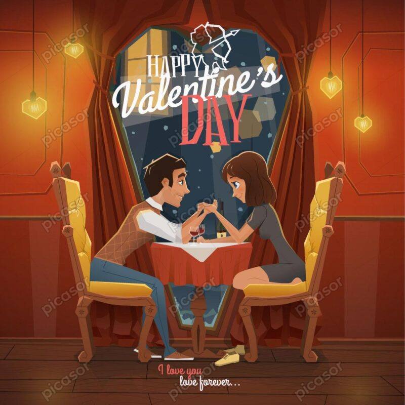 وکتور مرد و زن عاشق در رستوران - وکتور تصویرسازی زوج عاشق مناسب روز ولنتاین طرح کارتون