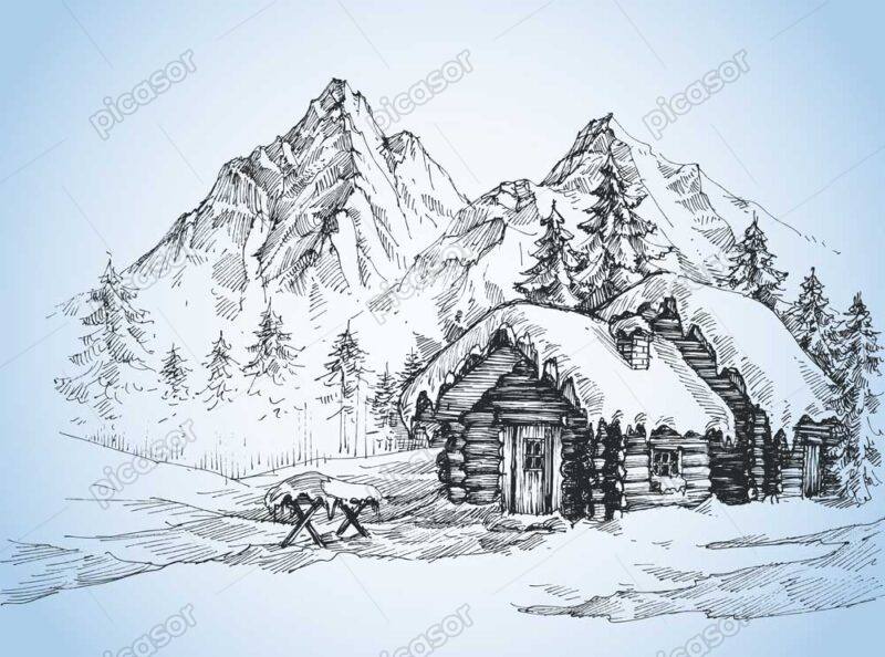 وکتور نقاشی کلبه کوهستانی برفی طرح اسکچ - وکتور اسکچ از کلبه کوهستانی