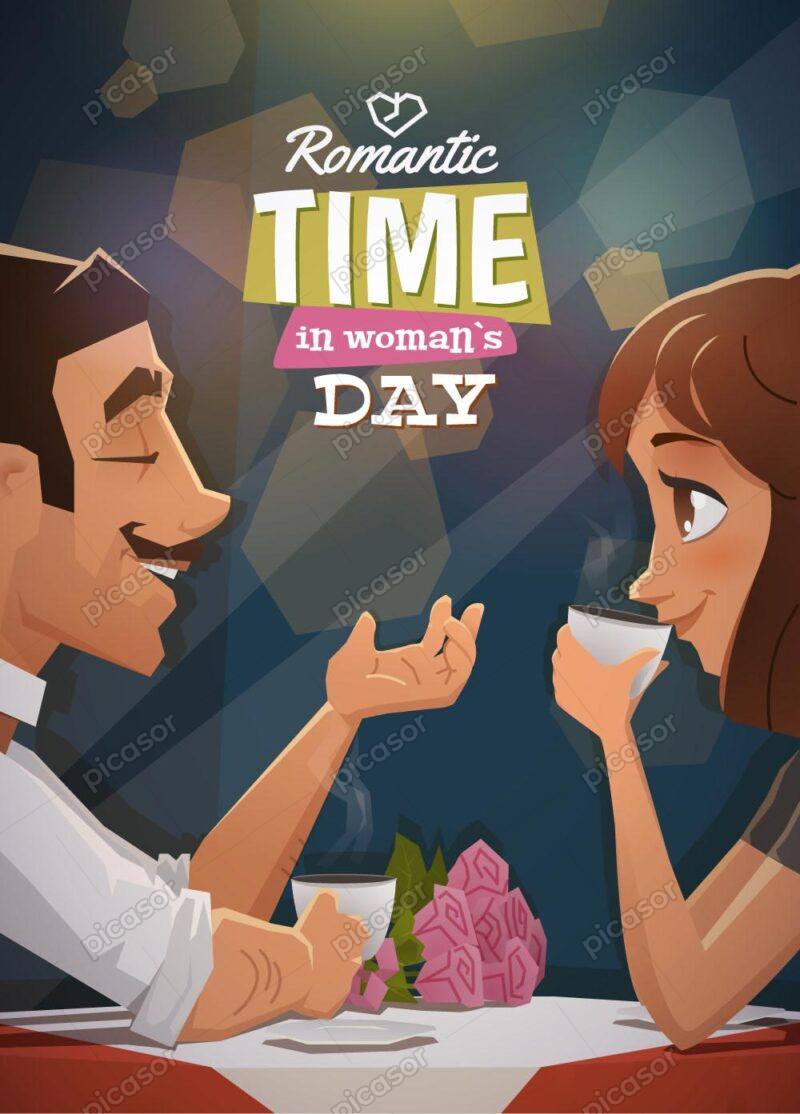وکتور مرد و زن عاشق در کافه - وکتور تصویرسازی زوج عاشق مناسب روز ولنتاین طرح کارتون