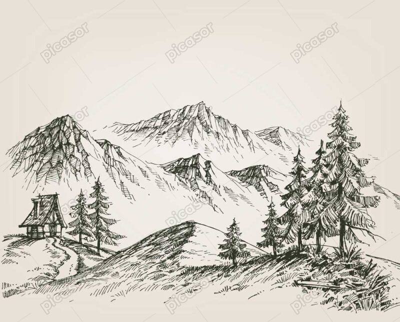 وکتور نقاشی کوهستان و کلبه طرح اسکچ - وکتور اسکچ از کوهستان در فصل بهار و تابستان