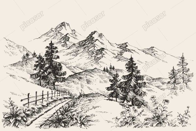 وکتور نقاشی کوهستان و درخت طرح اسکچ - وکتور اسکچ از مسیر کوهستانی