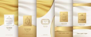5 وکتور بسته بندی لوکس طراحی جلد محصول با مونوگرام لوگو لیبل تزئینی طلایی - وکتور زمینه با پترن لوکس