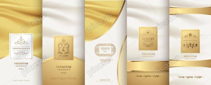 5 وکتور بسته بندی لوکس طراحی جلد محصول با مونوگرام لوگو لیبل تزئینی طلایی - وکتور زمینه با پترن لوکس