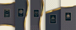 5 وکتور طراحی جلد و بسته بندی لوکس با مونوگرام لوگو لیبل تزئینی و اسلیمی طلایی