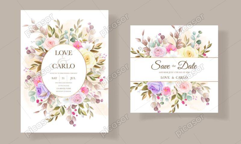 وکتور قاب شاخه گل زمینه گل های رنگی - وکتور کارت عروسی کارت دعوت قاب با گلهای رنگی