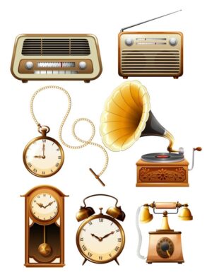 7 وکتور لوازم قدیمی وسایل آنتیک - وکتور ساعت قدیمی تلفن قدیمی رادیو قدیمی گرامافون ساعت زنجیردار قدیمی