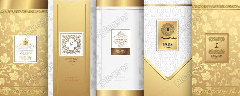 5 وکتور بسته بندی لوکس طراحی جلد محصول با مونوگرام لوگو لیبل تزئینی و اسلیمی طلایی - وکتور زمینه با پترن لوکس