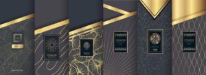 5 وکتور طراحی جلد و بسته بندی لوکس با مونوگرام لوگو لیبل تزئینی و اسلیمی طلایی - وکتور برگ و زمینه سنگ مرمر