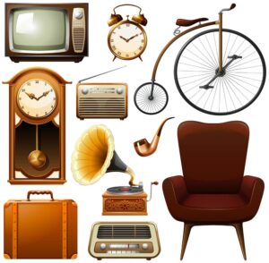 10 وکتور لوازم قدیمی وسایل آنتیک - وکتور دوچرخه قدیمی ساعت تلویزیون رادیو قدیمی گرامافون