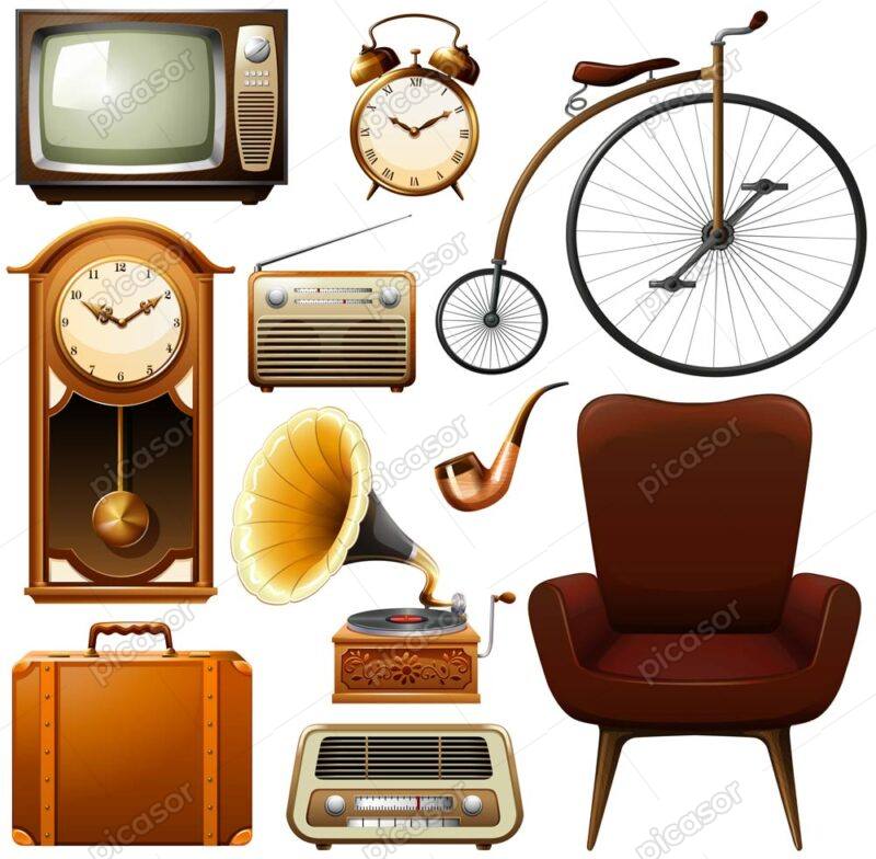 10 وکتور لوازم قدیمی وسایل آنتیک - وکتور دوچرخه قدیمی ساعت تلویزیون رادیو قدیمی گرامافون