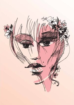 وکتور نقاشی صورت زن جوان خطی گلدار - وکتور چهره زن اسکچ