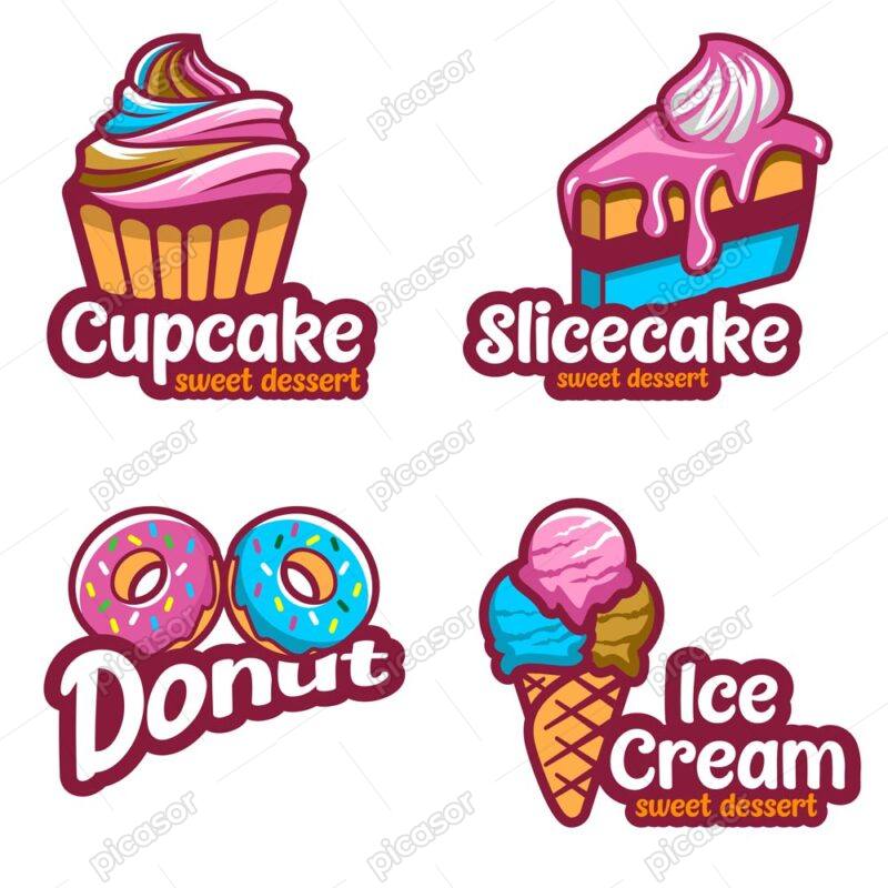 4 وکتور لوگو دسر کاپ کیک دنات بستنی قیفی - وکتور انواع دسر کیک و بستنی