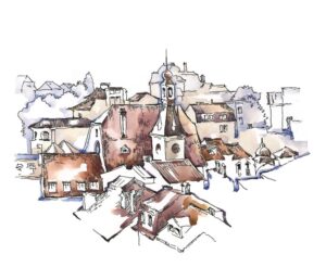 وکتور نقاشی آبرنگ خانه و ساختمان قدیمی از بالا - وکتور نقاشی آبرنگی کوچه و خیابان قدیمی