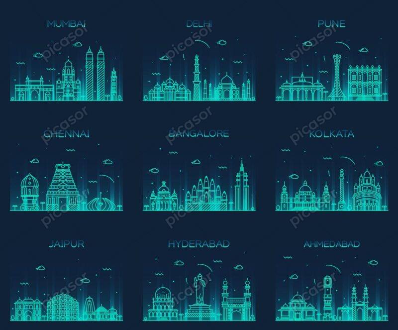 9 وکتور شهر و ساختمان های هند طرح افقی - وکتور ساختمان و بناهای کشور هند طرح نئون خطی