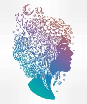 وکتور زن جوان با تاج گل و ماه - وکتور تصویرسازی هنری از صورت زن جوان با تاج گل وکتور چهره زن جوان