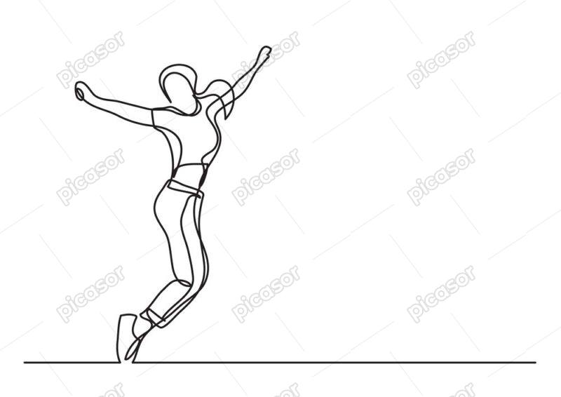 وکتور دختر جوان در حال رقص خط پیوسته - وکتور زن جوان شاد طرح نقاشی خطی در حال پریدن
