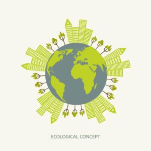 وکتور کره زمین با ساختمان و درختهای سبز - وکتور زمین و شهر پاک با انرژی های تجدیدپذیر و چرخه بازیافت طرح فلت