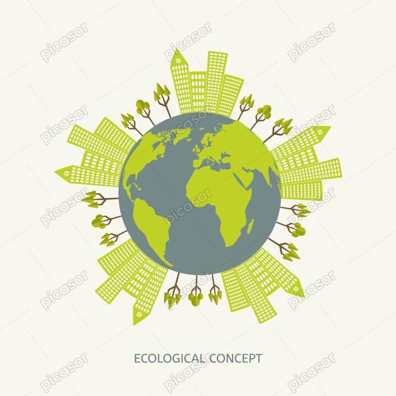 وکتور کره زمین با ساختمان و درختهای سبز - وکتور زمین و شهر پاک با انرژی های تجدیدپذیر و چرخه بازیافت طرح فلت