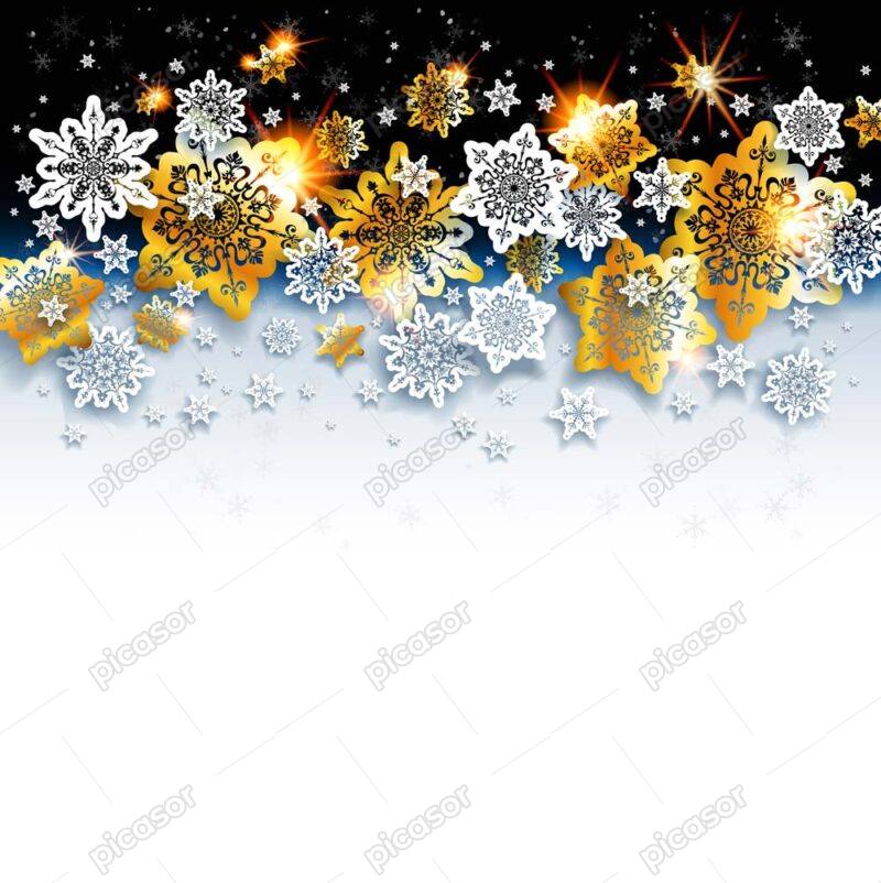 وکتور زمستان با برف طلایی و سفید - وکتور پس زمینه دانه های برف طلایی و سفید