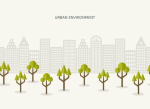 وکتور شهر پاک با ساختمان و درختهای سبز - وکتور زمین و شهر پاک با انرژی های تجدیدپذیر و چرخه بازیافت طرح فلت