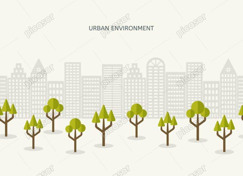 وکتور شهر پاک با ساختمان و درختهای سبز - وکتور زمین و شهر پاک با انرژی های تجدیدپذیر و چرخه بازیافت طرح فلت