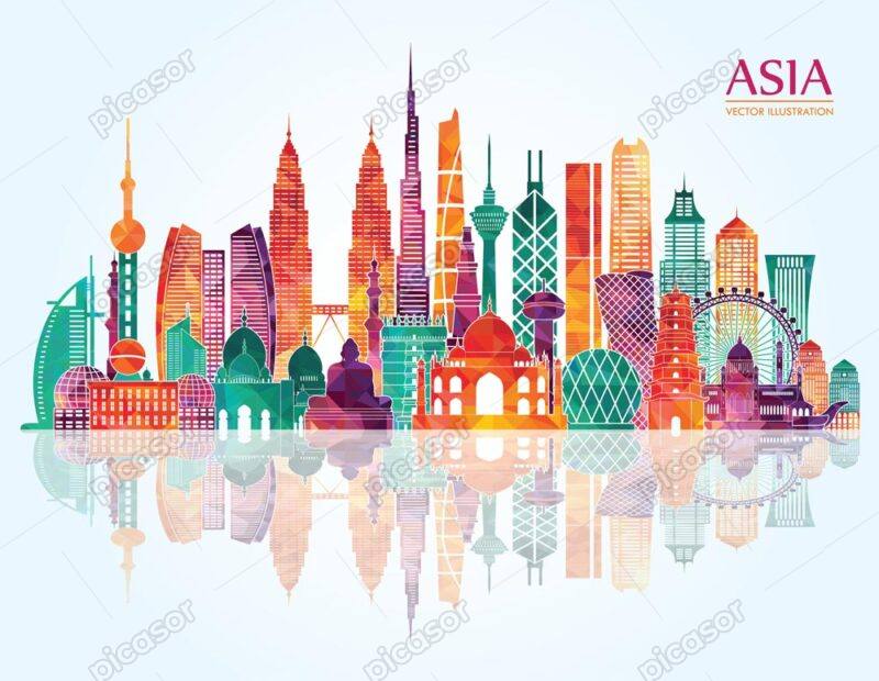 وکتور نمادهای شهری آسیا و ساختمانهای معروف - وکتور نماد ساختمانهای قاره آسیا