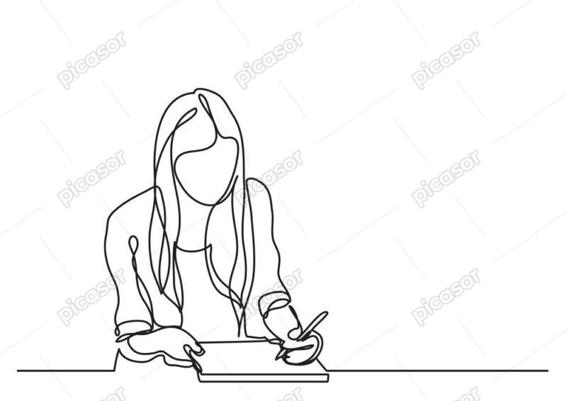 وکتور دختر جوان در حال نوشتن خط پیوسته - وکتور زن جوان طرح نقاشی خطی
